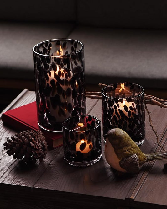 ARIAMOTION Glass Hurricane Candle Holder Set,Table Decoration Centerpieces for Pillar Votive Tealights Clear Cylinder Vase with Black Tortoise Pattern, 8 Inch 5 Inch 3.5 Inch Height, 3 Piece