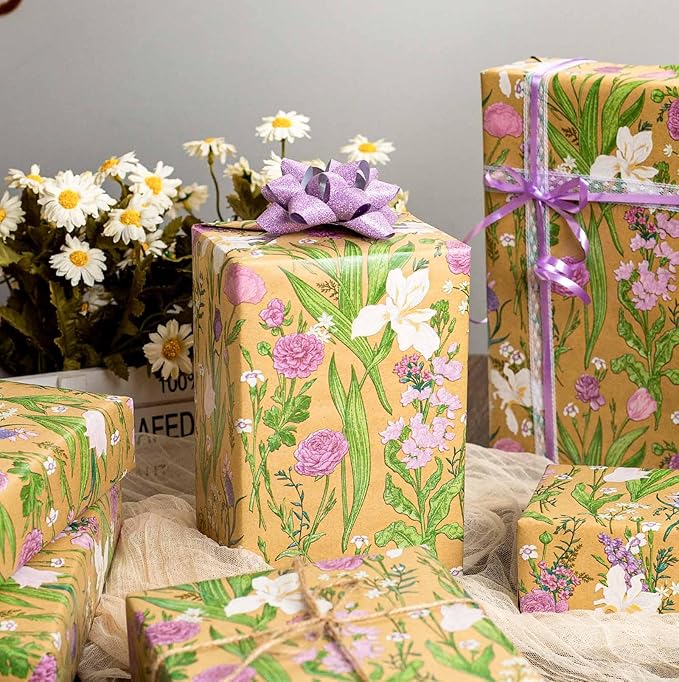 MAYPLUSS Kraft Floral Wrapping Paper Roll - 17Inch x 33Feet - Colorful Watercolor Boho Forest and Garden Flower Gift Wrap Green Wedding Gift Wrap for Birthday, Mothers Day, Bridal Shower, Engagement