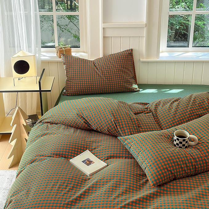 LifeTB Twin XL Comforter Set Orange Green Gingham Comforter with 2 Pillowcases Modern Style Grid Plaid Comforter Set Fluffy Soft Lightweight Gingham Bedding Set Fluffy Checkered Comforter Twin XL