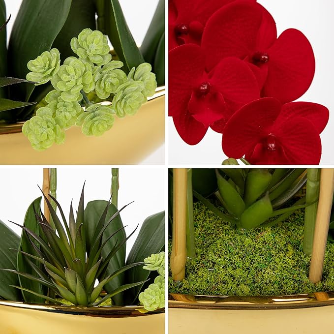 Briful Orchid Artificial Flowers 17in Red Fake Orchid Silk Flowers in Gold Ceramic Vase Faux Phalaenopsis Arrangement for Home Office Room Dining Table Centerpiece Modern Decor