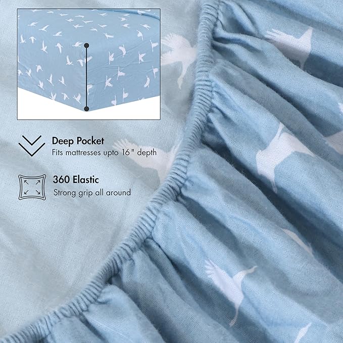 RUVANTI Flannel Sheets Queen Size - 100% Cotton Double Brushed Bed Sheets, Deep Pockets 16 Inches Queen Sheet Set, All Seasons Breathable & Extra Soft - Warm & Cozy, 4 Piece, We Fly