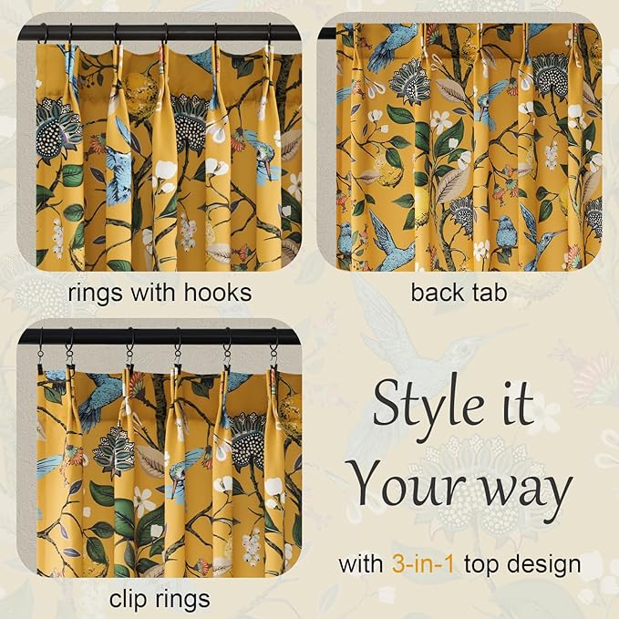 90 Inches Long Curtains 2 Panels for Living Room Bedroom Unique Elegant Colorful Floral Hummingbird Patterned Rustic Mustard Yellow Pinch Pleated Drapes for Classroom Room Office 40x90