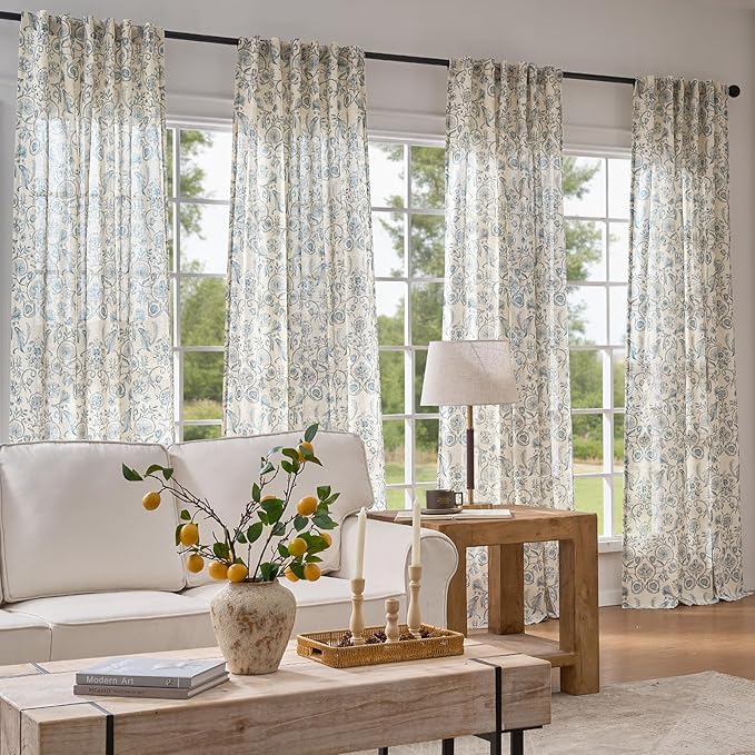 jinchan Linen Floral Curtains for Living Room with Printed Flower 96 Inches Long Light Filtering Farmhouse Window Treatment Vintage Drapes Back Tab Rod Pocket 2 Panels Blue on Beige