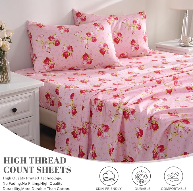 Bedlifes Full Sheet Set Ultra Soft, Breathable, Silky Flower Deep Pocket 100% Microfiber Bedding, 4 Piece Full Size Pink Floral(Red Rose)