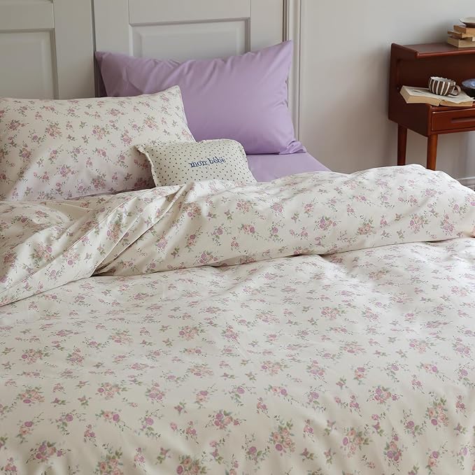 EAVD Vintage Style Botanical Floral Duvet Cover Queen White Soft Cotton Chic Shabby Garden Pink Purple Floral Bedding Set with 2 Pillowcases Reversible Botanical Duvet Cover with Zipper Closure