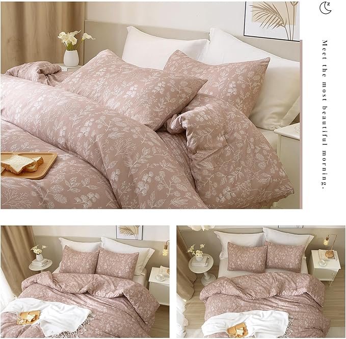 EAVD Vintage Style Garden Floral Duvet Cover Queen Grey Pink Soft Cotton Chic Cute Floral Bedding Set with 2 Pillowcases Botanical Duvet Cover with Zipper Closure