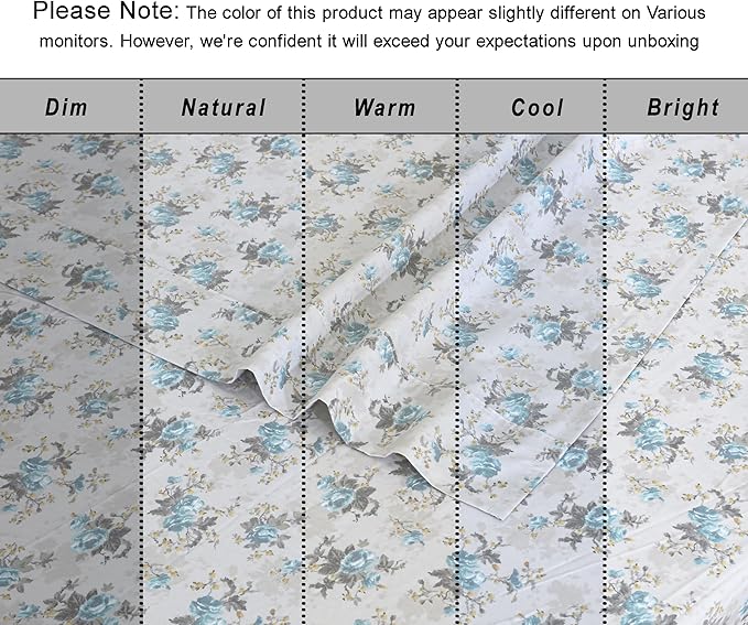 RUVANTI 100% Organic Cotton Sheets Queen Size, Percale Weave, GOTS Certified, 4-Piece Set, Deep Pocket 15", Crisp & Breathable, Soft Durable Bedding, Sábanas Algodón Orgánico – Blue Rose