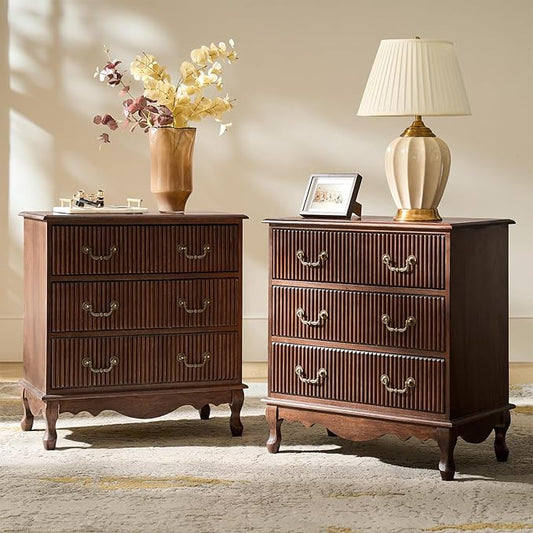 HULALA HOME Transitional Side Table Set of 2 with 3 Drawers and Charging Station, 28" Solid Paulownia Wood Sidetable with Vertical Stripe, Walnut