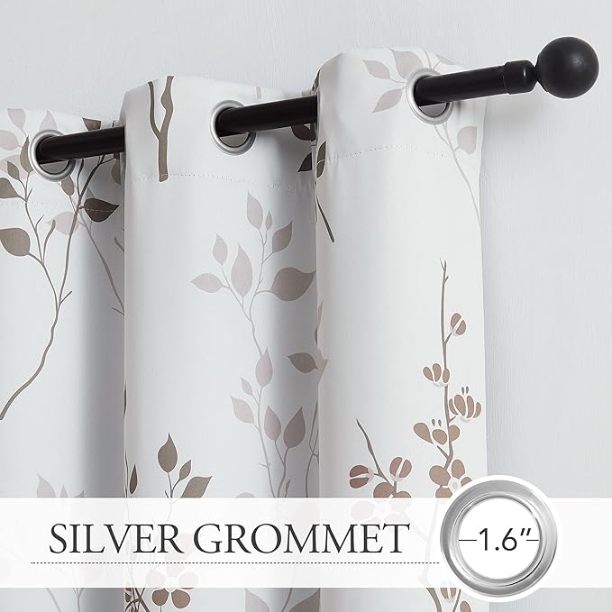 Beauoop Floral 100% Blackout Curtains 54 Inch Length 2 Panels for Bedroom Living Room Tan Brown and White Flower Patterned Room Darkening Thermal Soundproof Grommet Window Treatments Drapes, 52X54