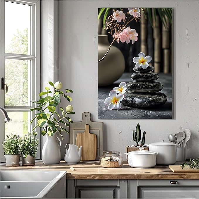A harmonious black stone stack paired with white and pink flowers bamboo and ceramic vases creates a tranquil Zen decor for minimalist homes and mindful spaces 32x48in Frameless