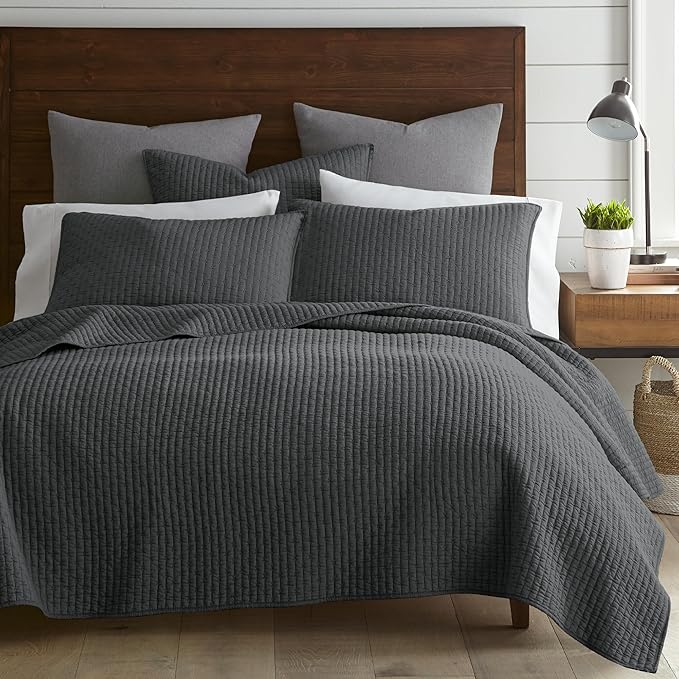 Levtex Home Cross Stitch Reversible King/Cal King Quilt Set (106x92in) and 2 Pillow Shams (36x20in) - Stitch Texture - Charcoal - Cotton King Size Quilt Bedding Set - Lightweight Soft Pre-Washed