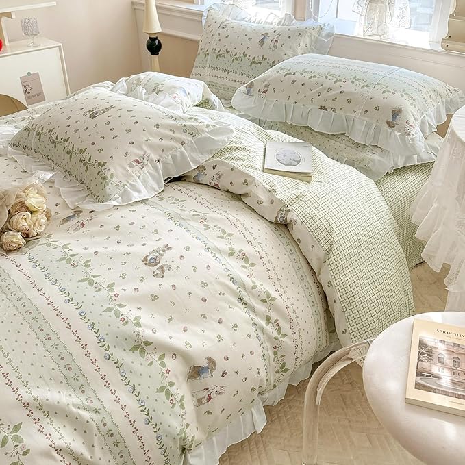 VM VOUGEMARKET Kids Comforter Set Full Size Cute Rabbit Down Comforter with Flower Leaves Pattern Reverisble Ruffle Lace Bedding Set for Teen Girls(Green,Full)