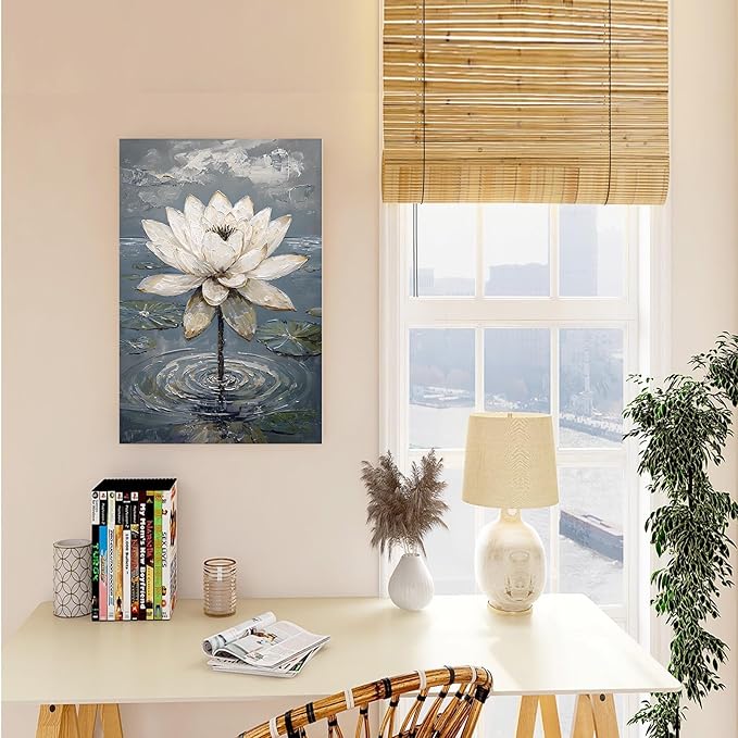 Stunning white lotus emerges from prismatic water with delicate petals background Serene aquatic wall art suitable for modern minimalist decor 8x12in Frameless