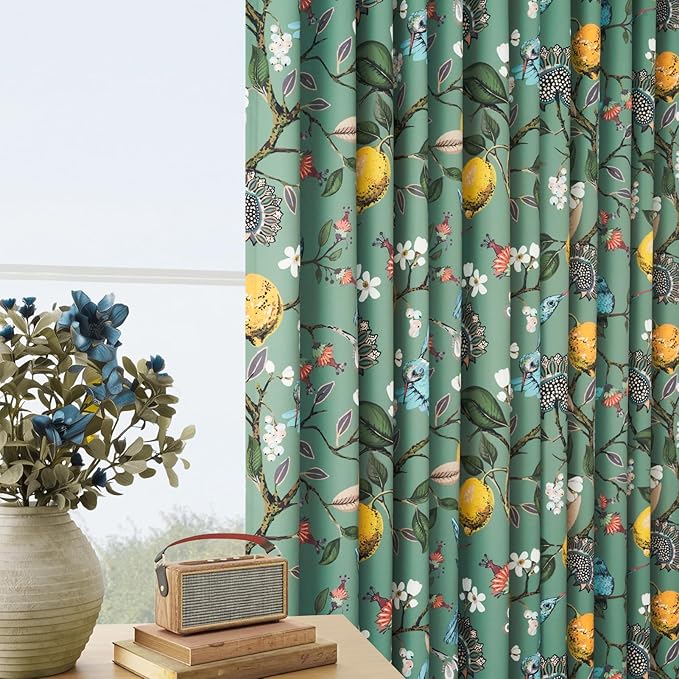 Sage Green Printed Pattern Curtains 96 Inches Long for Living Room,Farmhouse Floral Vintage Art Deco Drapes,Pinch Pleated Blackout Hummingbird Lemon Patterned Window Treatment for Bedroom 2 Panels
