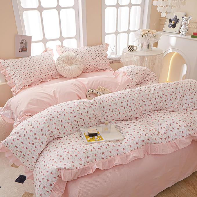 VM VOUGEMARKET 3 Pieces Ruffled Comforter Set with Pink Flower Pattern,1 Pink Striped Lace Comforter with 2 Pillow Shams for Teen Girls-68 x90,Twin XL