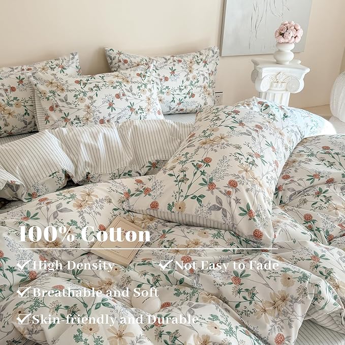 EAVD Fresh Garden Botanical Floral Duvet Cover King Soft 100% Cotton Chic Floral Leaves Print Bedding Set with 2 Pillowcases Aesthetic Botanical Comforter Cover with Zipper Closure