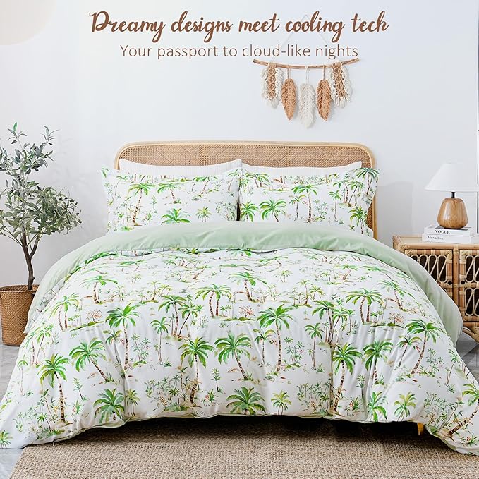 LONAVA Queen Tropical 3 Pcs Duvet Cover Set, Breathable Soft Microfiber Sage Green Lining Comforter Cover with Zipper Closure, and 2 Anti-Pilling, Fade Resistant Pillowcases, Summer Tree
