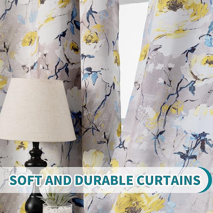 MYSKY HOME Floral Curtains 84 inches Length 2 Panels, Yellow and Grey Curtains for Living Room/Bedroom, Thermal Insulated Light Blocking Grommet VintageDrapes for Dining Room, 52 x 84 Inch,