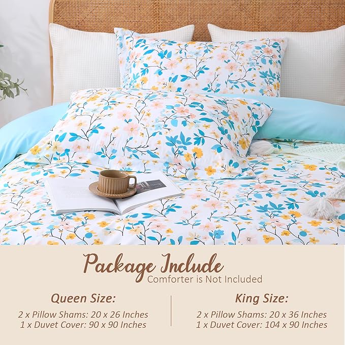 LONAVA King Botaincal 3 Pcs Duvet Cover Set, Breathable Soft Microfiber Sky Blue Lining Comforter Cover with Zipper Closure, and 2 Anti-Pilling, Fade Resistant Pillowcases, Sky Blue Flower