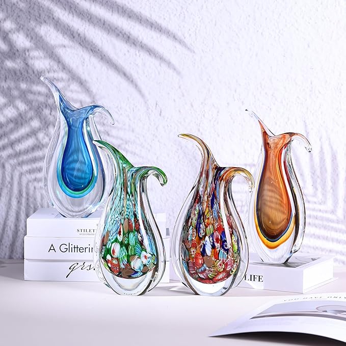 Amber Hand Blown Glass Vase – Oval Decorative Art Glass for Centerpieces, Murano Inspired Decor for Dining Room, Entryway Table, or Shelf, Handmade Glass Vase for Home Display (Red Yellow)