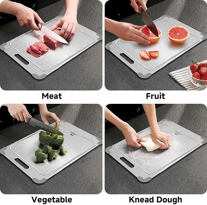 100% Pure Titanium Cutting Board with Grooves, Update Double Side Titanium Chopping Board, Silicone Anti-slip Stainless Cutting Boards for Kitchen 12 * 18 IN, Grey