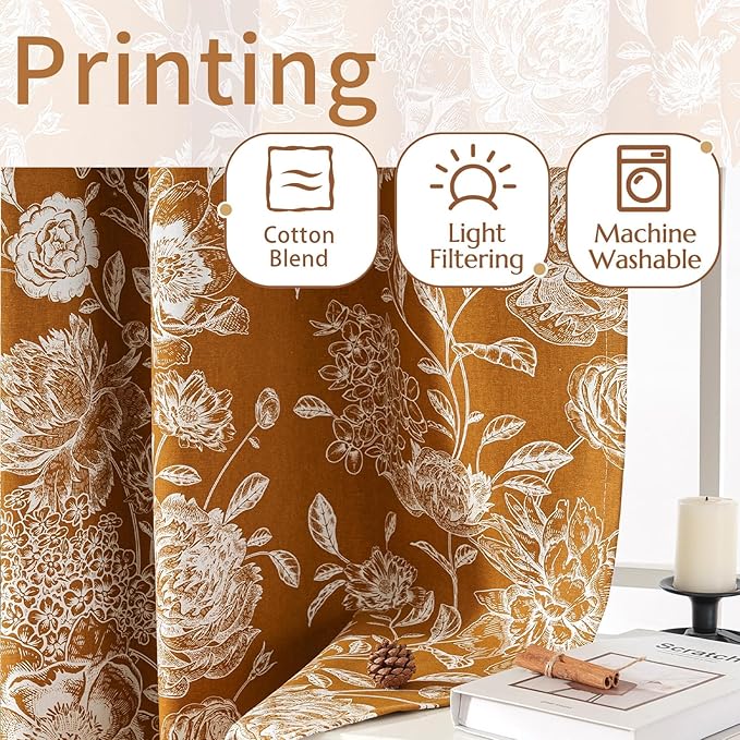 Printed Peony Blackout Curtains for Bedroom- Vintage Orange Floral Pattern on Cotton Blend Fabric, Grommet Top Light Blocking Drapes, Home & Office Decor, 52W x 96L