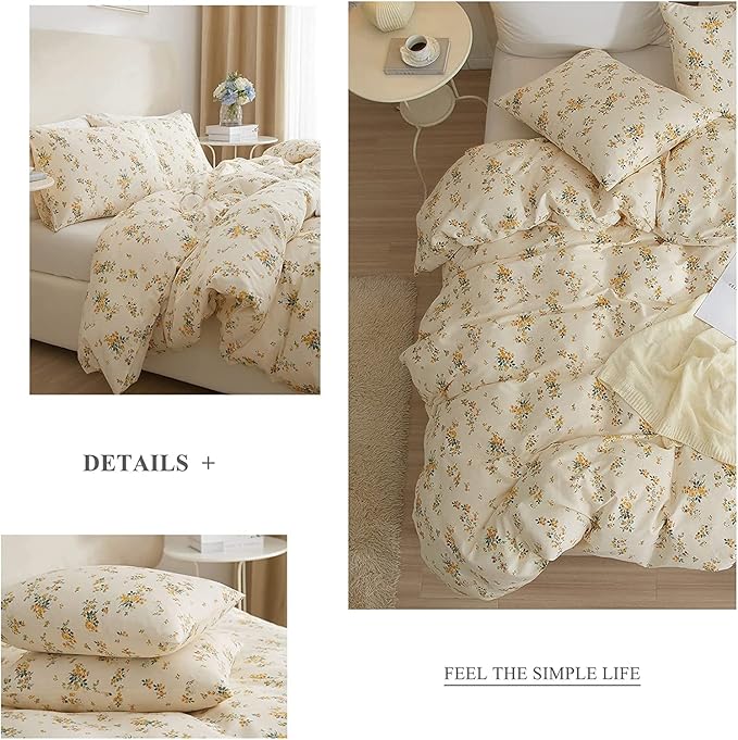HighBuy 3 Pieces Duvet Covers King Size Yellow Floral Duvet Cover Set,Ultra Soft Cotton Bedding Set Botanical Printed Soft Aesthetic Bed Cover with Zipper Closure 4 Ties All Season