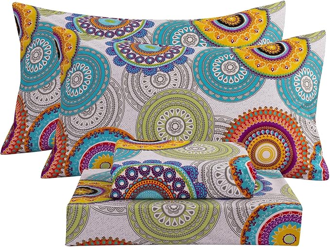 Bedlifes California King Sheet Set Ultra Soft, Breathable, Silky Flower Deep Pocket 100% Microfiber Bedding, 4 Piece Cal King Size Mandala Patterned
