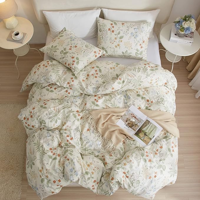 EAVD Reversible Vibrant Floral Duvet Cover Twin XL White Soft 100% Cotton Garden Floral Bedding Set with 2 Pillowcases Vintage Style Gorgeous Botanical Comforter Set with Zipper Closure