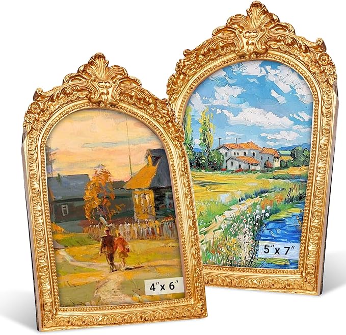 Gold Picture Frames 5x7, Arch Photo Frame Antique Ornate, Luxury Textured Hand-Crafted Picture Frame with Glass Front for Tabletop or Wall Hanging, Retro Resin Photo Frames, Photos Display Frame
