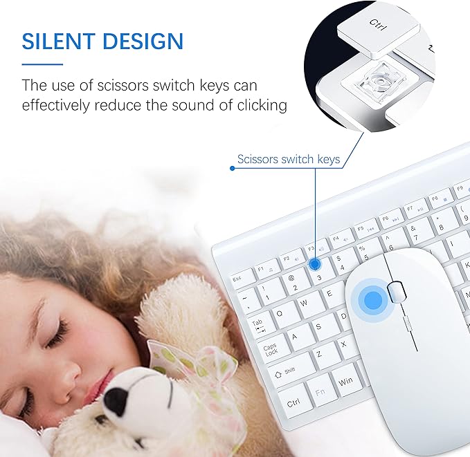 Wireless Keyboard and Mouse Ultra Slim Combo, TopMate 2.4G Silent Compact USB 2400DPI Mouse and Scissor Switch Keyboard Set with Cover, Batteries Included, for PC/Laptop/Windows/Mac - White