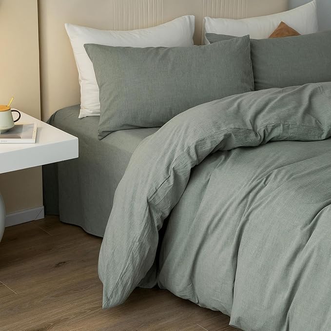 JIYUAN 100% Washed Cotton Duvet Cover Set 3 Pieces King, 1 Duvet Cover 104x90 Inches(Comforter Not Included) and 2 Pillowcases,Linen Feel Bedding Set Comfy and Breathable, Heathered Green