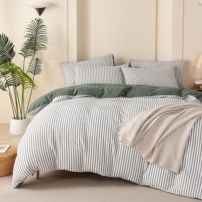 King Duvet Cover Set Striped Washed Microfiber Jacquard 3 Pieces Bedding Set, Green White Vertical Ticking Stripes Pattern Comforter Cover with Zipper Closure Breathable Durable Soft Comfy