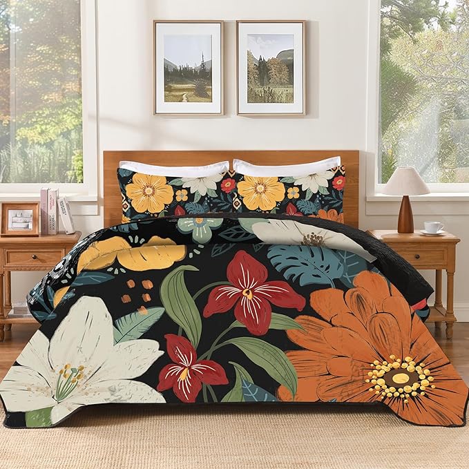 Andency Floral Boho Queen Quilt Bedding Set Dark, 3 Pieces Farmhouse Flower Botanical Summer Bedspreads with 2 Shams, Soft Reversible Lightweight Microfiber Coverlet Set for All Season, 90"x96"