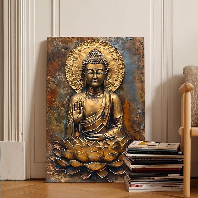 Buddha Wall Art Golden Buddha in Lotus Seat Serene spiritual statue radiant aura Meditation and mindfulness wall art suitable for sacred spaces 8x12in Wood Framed