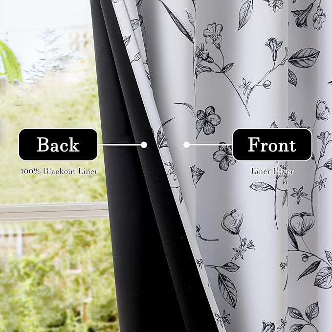 ChrisDowa 100% Blackout Floral Curtains 96 Inches Long 2 Panels for Bedroom Living Room Black Flower Patterned Room Darkening Thermal Insulated Soundproof Grommet Window Treatments Drapes,52X96