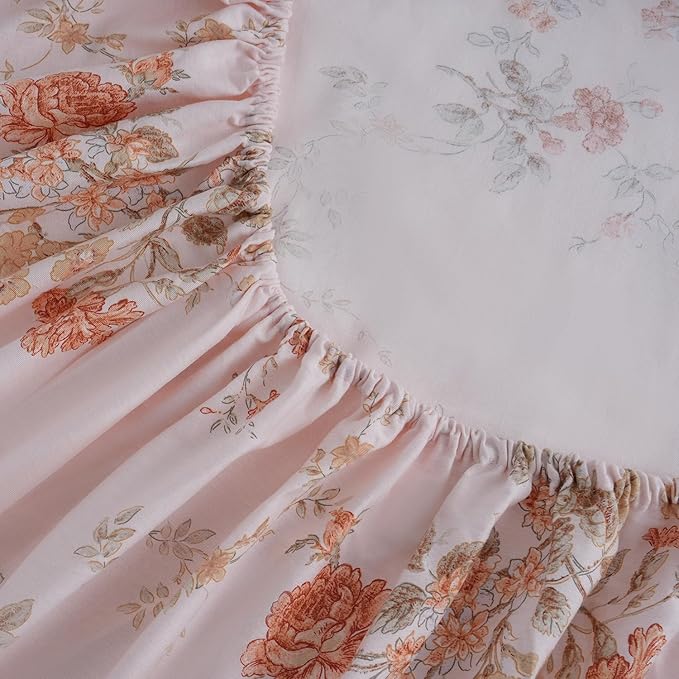 Zusbest Full Size Floral Bed Sheets 100% Percale Cotton Orange Brushed for Extra Softness, Breathable Luxury Flannel Sheets Like Shabby Vintage Flower Print Deep Pocket Fitted Sheet 17.5'' 4 Pcs