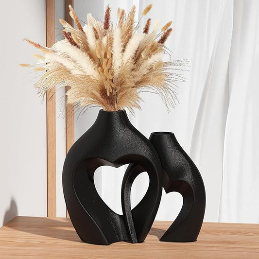 Black Vases for Decor, Heart Shaped Ceramic Vase Set of 2, Nordic Heart Shaped Vases, Minimalist Decorative Vase for Table Centerpiece Wedding Dining Living Room Office House Decoration