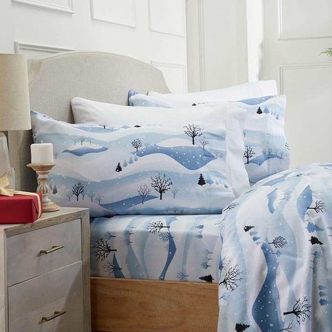Market & Place 100% Cotton King Flannel Sheet Set | 4 Piece Deep Pocket Novelty Cozy Winter Bed Sheets | Double Brushed for Extra Softness & Comfort | Alpine Collection (King, Winter Landscape)