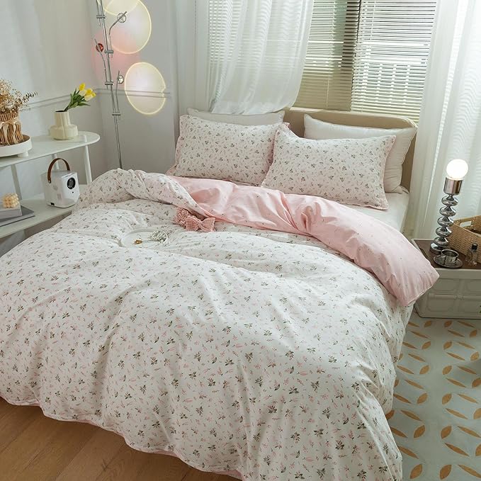 LifeTB Girls Pink Flower Duvet Cover Twin 100% Cotton Blossom Floral Comforter Cover Pink White Flower Pattern Duvet Cover with Zipper Closure Aesthetic Botanical Cottagecore Bedding Set Twin