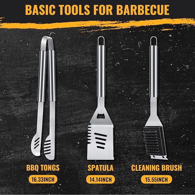 BBQ Tool Grilling Accessories, 16-Inch Stainless Steel BBQ Grill Tools Set for Men, Heavy Duty Grilling Accessories Kit for Camping, Kitchen, 3 PCS Extra Thick Barbecue Utensil