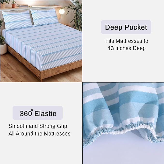 RUVANTI 100% Organic Cotton Sheets California King, Percale Weave, GOTS Certified, 4-Piece Set, Deep Pocket 13", Crisp & Breathable, Soft Durable Bedding, Sábanas Algodón Orgánico – Nautical Stripes