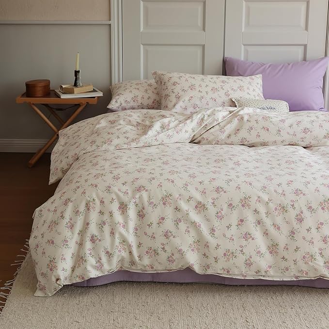 EAVD Vintage Style Botanical Floral Duvet Cover Queen White Soft Cotton Chic Shabby Garden Pink Purple Floral Bedding Set with 2 Pillowcases Reversible Botanical Duvet Cover with Zipper Closure