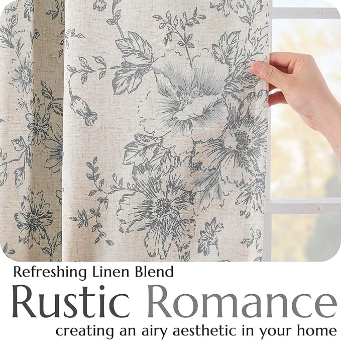 jinchan Blackout Linen Blend Curtain Gray Floral Blackout Curtains for Living Room 96 Inch Length Grey Printed with Lined Blackout Curtain for Bedroom Farmhouse Curtains Set 2 Panels