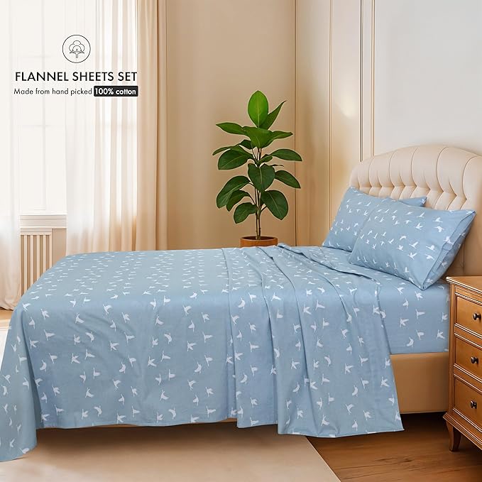 RUVANTI Flannel Sheets Twin Size - 100% Cotton Double Brushed Twin Sheets Set, Deep Pockets 16 Inches, All Seasons Breathable & Extra Soft Bed Sheets, Warm & Cozy, 3 Piece, We Fly