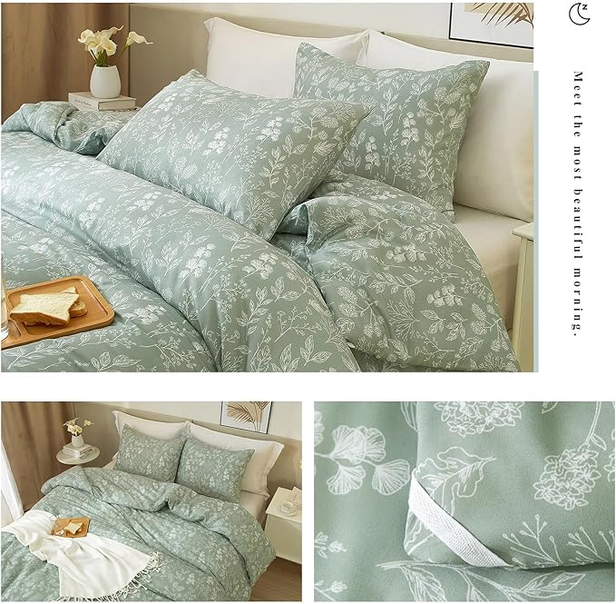 EAVD Vintage Style Garden Sage Floral Duvet Cover Full Soft Cotton Chic Shabby Cute Floral Botanical Bedding Set with 2 Pillowcases Fresh Reversible Botanical Duvet Cover with Zipper Closure