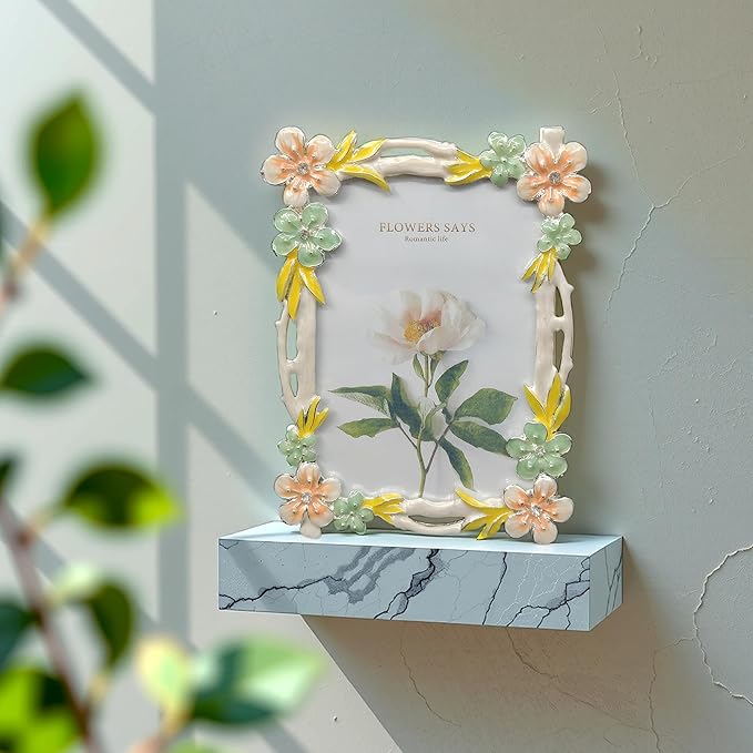 Vintage 5X7 Floral Metal Picture Frame with Enamel Finis Glass Front - Ornate Antique Pink and Green Flowers Photo Frame Tabletop/Wall Display Gifts for Women