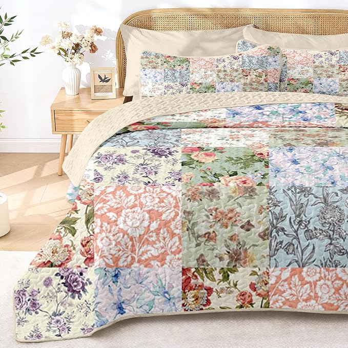 Quilt Set Full/Queen Size, Vintage Patchwork Floral 3 Pcs Soft Bed Cover Bedding Set, Boho Mid Century Lightweight Bedspread Coverlet with 2 Pillow Sham for All Season
