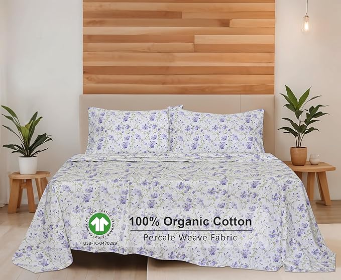 RUVANTI 100% Organic Cotton Sheets King Size, Percale Weave, GOTS Certified, 4-Piece Set, Deep Pocket 15", Crisp & Breathable, Soft Durable Bedding, Sábanas Algodón Orgánico – Heather