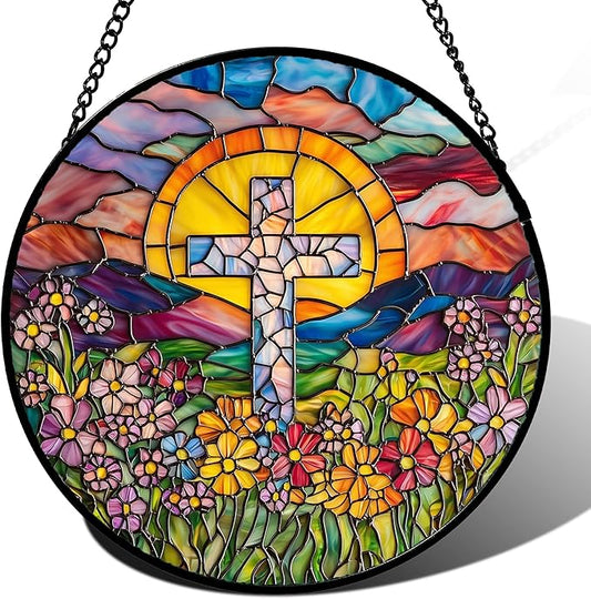 Stained Glass Window Hanging - Cross Flower Sea Sun Catcher for Door Terrace Garden Home Decor, Mountains Landscape Suncatcher Birthday Gifts for Lovers Women Men Dad Mom Nana 7.8 in